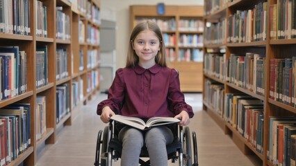 A girl in a maroon blouse reads a book in a quiet library, surrounded by shelves of books, representing education, curiosity, and peaceful moments in childhood intellectual development