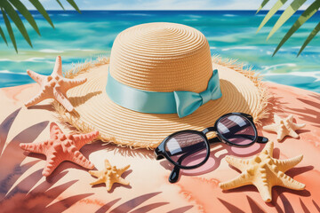 Chic Summer Beach Essentials with Sunhat and Sunglasses Among Seashells by the Waves