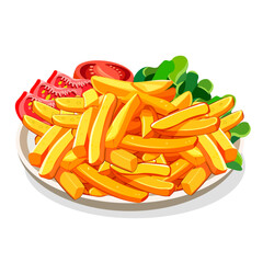 French fries on a plate tomatoes no background