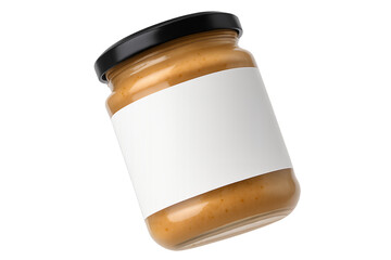 Glass jar with peanut butter and blank white label on transparent background, concept for food packaging design and branding