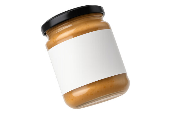 Glass jar with peanut butter and blank white label on transparent background, concept for food packaging design and branding - Powered by Adobe