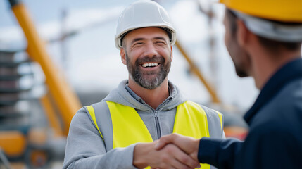 Handshake between a construction worker and foreman at a busy site