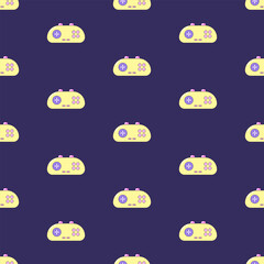 Seamless pattern with audio cassette and gamepad. Multicolored elements on dark background. Retro illustration with outline in 90s style. Vector illustration.