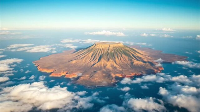 Aerial View of Volcanic Island in Blue Ocean