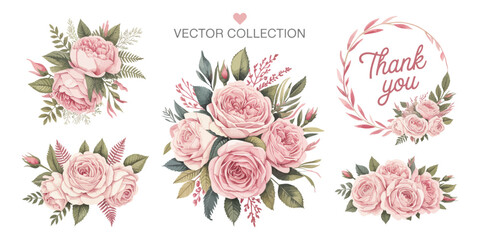 Elegant Pink Rose Floral Arrangements Watercolor Vector Collection for Thank You Cards and Invitations
