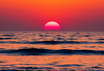 Obraz premium Vibrant minimalist sunset, ocean waves, warm hues, serene, peaceful, minimalist, beach