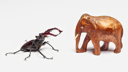 A stag beetle and a wooden elephant are placed on a clean white background.