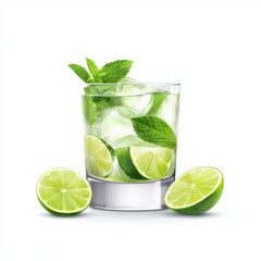 Refreshing lime cocktail with mint leaves and ice cubes on white background.