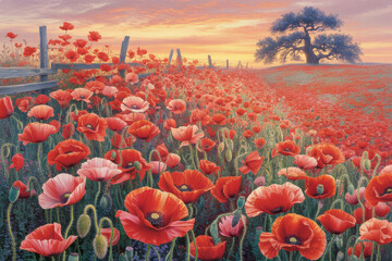 Breathtaking Field of Vibrant Red Poppies Under a Golden Sunset with Majestic Oak Tree