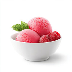 Delicious raspberry ice cream scoops in white bowl with fresh berries on white background.