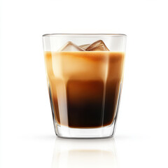 Iced coffee with ice cubes in clear glass, refreshing and energizing drink on white background.