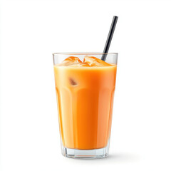 Refreshing orange drink with ice and straw on white background.