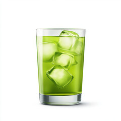 Refreshing green drink with ice cubes in clear glass on white background.