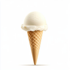 Creamy vanilla ice cream in waffle cone on white background.