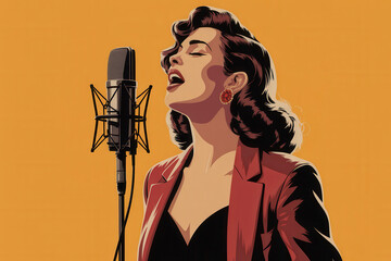 Elegant Retro Singer Performing on Stage with Microphone Against a Vibrant Orange Background