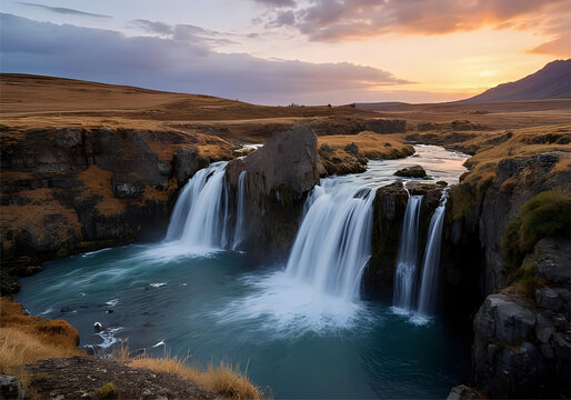 Beautiful natural landscape of waterfalls and mountains at dawn