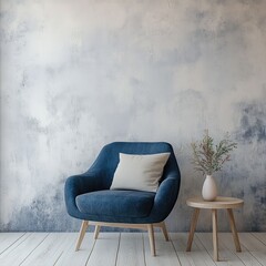 Serene living room with blue armchair, textured wall, and side table