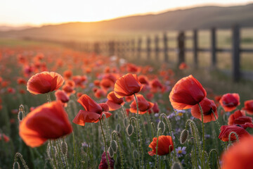 Breathtaking Sunset Over a Field of Vibrant Red Poppies with Gentle Breeze in Soft Golden Light