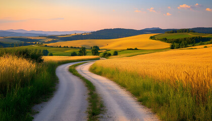 Fototapeta premium Winding Road Through Golden Wheat Fields at Dusk, Showcasing Rural Beauty and Peaceful Escape for Travel and Tourism Campaigns