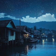 Fototapeta premium Nighttime village on stilts, starry sky