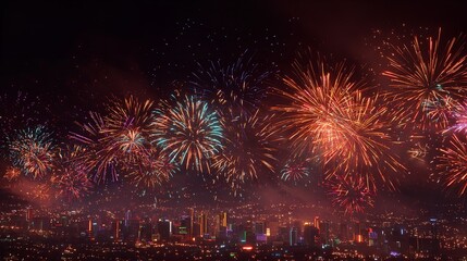 A time-lapse of fireworks filling the sky as the clock strikes midnight,
