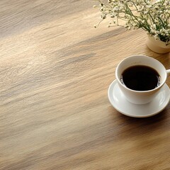 A cup of coffee on a wooden table with flowers