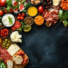 A vibrant spread of Mediterranean appetizers, cheeses, cured meats, olives, and fresh produce arranged on a dark background, leaving ample space for text or branding