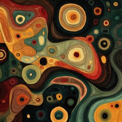 Abstract artwork with swirling shapes and vibrant colors.  Organic forms interweave in a cosmic, textured composition