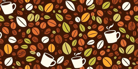 Whimsical coffee bean, cup, and leaf doodles forming a seamless pattern, coffee,  line art