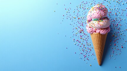 Delightful Pink Ice Cream Cone with Colorful Sprinkles on a Light Blue Background Ideal for Summer Themes