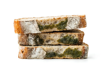 Close-up of Green Moldy Bread Slices on White Background