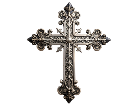 Antique Silver Cross with Blackened Base and Ornate Detailing, isolated on transparent background - Powered by Adobe