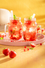 Sweet strawberry bubble tea as summer drink on ice.