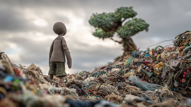 a woolen figure standing knee-deep in stitched piles of trash made of thread, plastic beads and paper scraps,