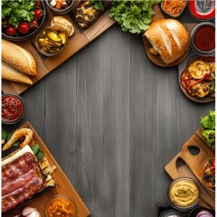 Gourmet food arrangement on dark wood.  A frame of various dishes, breads, and sauces surrounds a central empty space