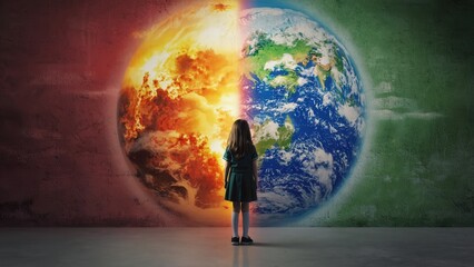 A young girl is standing thoughtfully in front of a painting of the earth