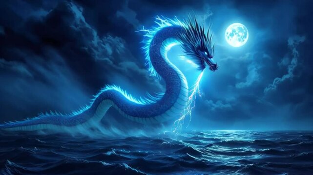 Blue dragon, seemingly made of lightning, emerging from a stormy ocean under a full moon