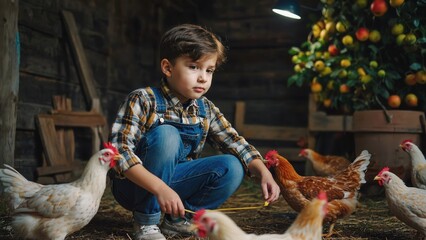 A young boy is kneeling down beside a group of chickens in a barn