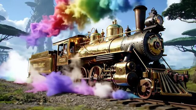 Golden steam train in a fantastical landscape