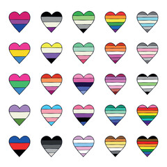 Set of colorful LGBTQ+ pride flag heart shape Gender equality and sexual identity pride flags collection LGBTQIA community pride month