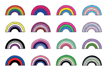 Set of colorful LGBTQ+ pride flag rainbows Gender equality and sexual identity pride flags collection LGBTQIA community pride month