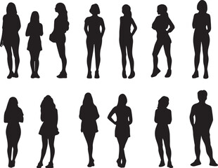 Silhouette Vector Art: Diverse Group of Women Standing in Various Poses | Fashion, Lifestyle, and People Illustration | Stock Image