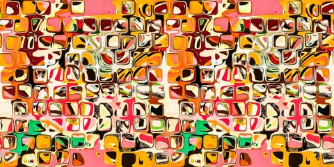 Naklejka premium Abstract blotched random mosaic shape square seamless border pattern. Dense grungy mottled effect fabric texture design with tileable banner print. For speckled impressionism style ribbon trim edge.