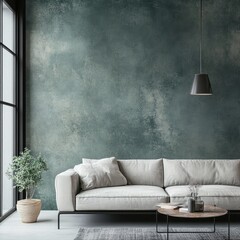 Teal textured wall mural in a modern living room, featuring a light grey sofa, coffee table, and potted plant