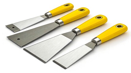 Set of four metal putty knives with yellow plastic handles isolated on white background
