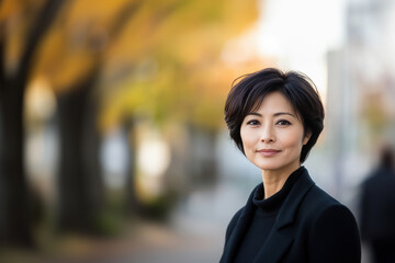 confident Japanese woman with short hair stands outdoors, surrounded by autumn foliage.