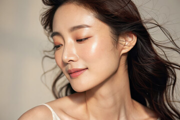serene portrait of Asian woman with flowing hair and natural glow.
