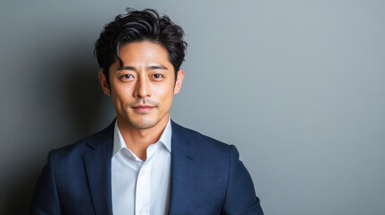 young Japanese businessman in sharp suit, exuding confidence and professionalism.