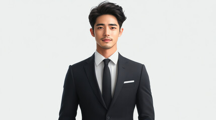 charismatic young man in tailored suit exudes confidence and professionalism, on white background.