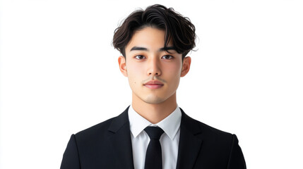 Young Japanese man in formal suit with deep brown eyes, looking confident and professional, on white background.